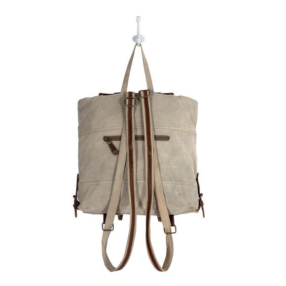 Myra Bag Handmade Army Backpack Upcycled Canvas & Cowhide Leather - Picture 7 of 10